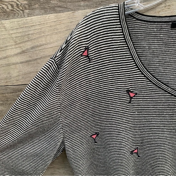 Nic Zoe Sweater Womens M Cosmo Cocktail Embroidered Novelty Print Striped Linen - Picture 7 of 16